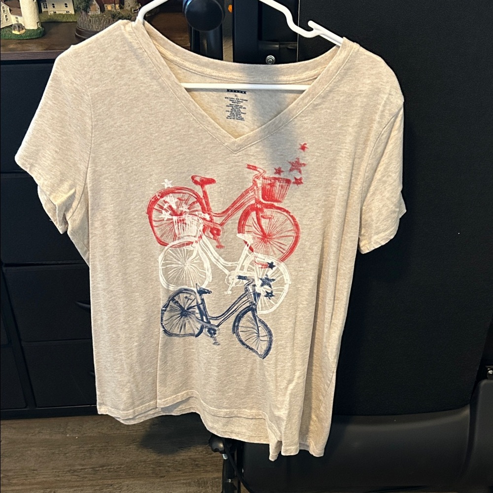 Beige V-Neck T-Shirt with Bicycle Print